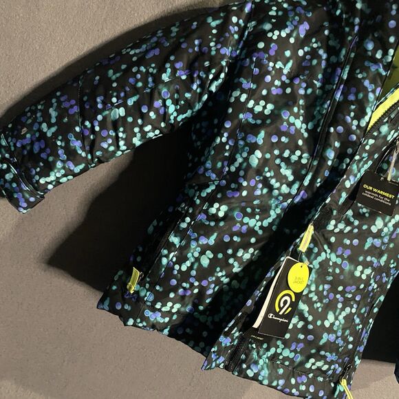 champion girls puffer jacket xs rain small black blue polka dot thick - Picture 2 of 10